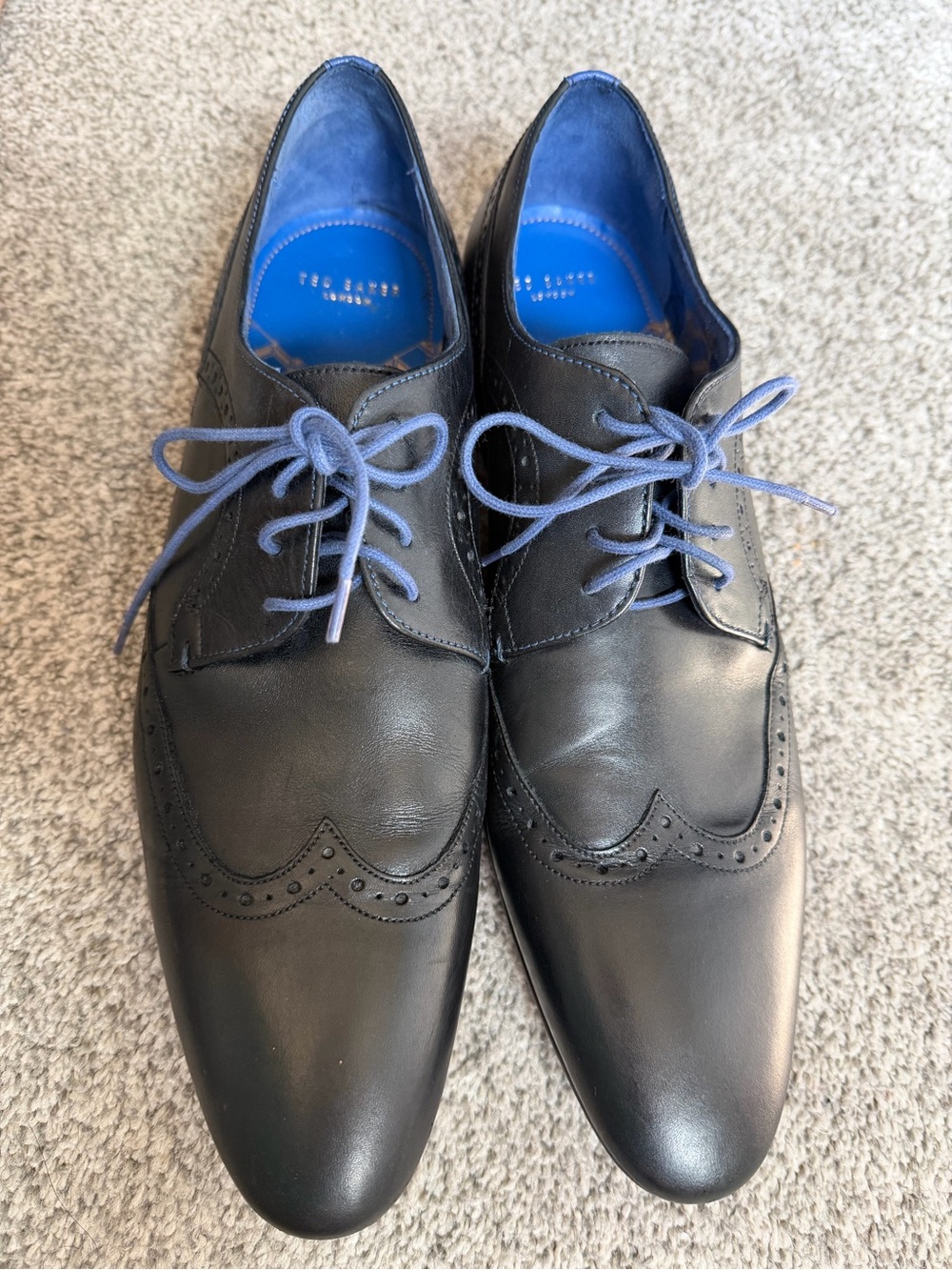 Ted Baker Black Leather Wingtip Oxfords with Blue Lining and Laces